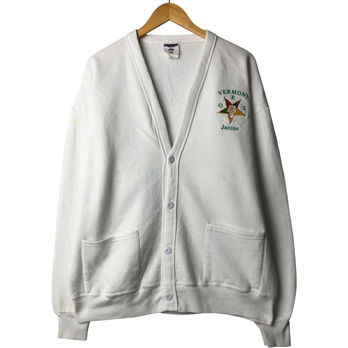 JERZEESのスウェットカーディガン　USA製ジャージーズホワイトカーディガン USA製 90s JERZEES Painted Sweat Cardigan . (Size L Model：166cm