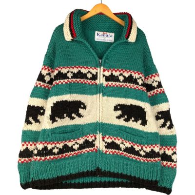古着 カナタ KANATA 総柄 クマ柄 カウチンセーター カナダ製 メンズXL