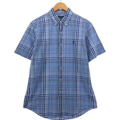 人気 ラルフローレン 半袖　シャツ 2XL ブルー チェック ボタンダウン 古着 古着 ラルフローレン Ralph Lauren PURCELL 半袖 ボタンダウン