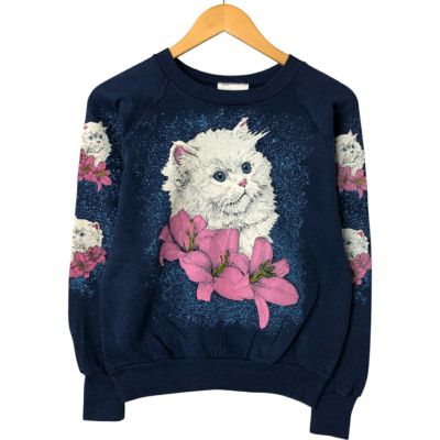 USA製80s アニマル 猫 プリントスウェット 紺 2XL ゆるだぼ 古着