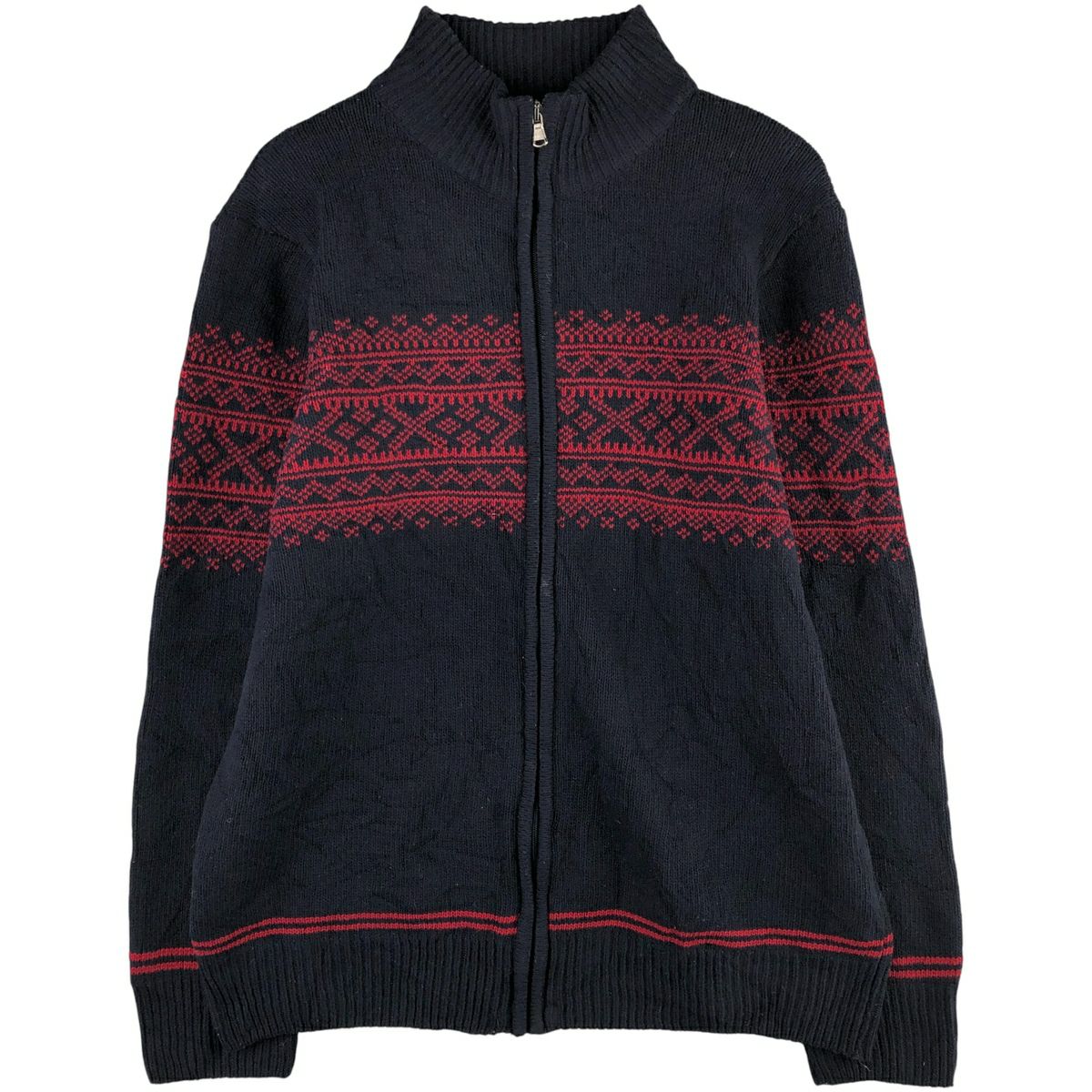 古着 総柄 襟付き ウールニットカーディガン レディースL相当  