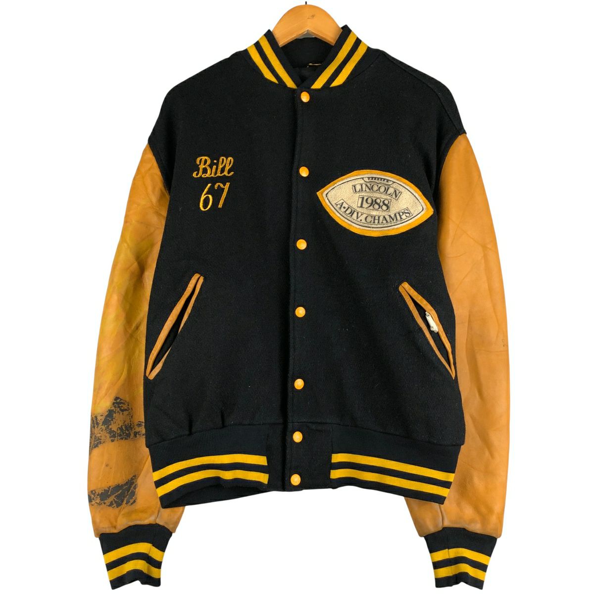 古着 80～90年代 Dehen 襟付き 袖革ウールボタンスタジャン バーシティ