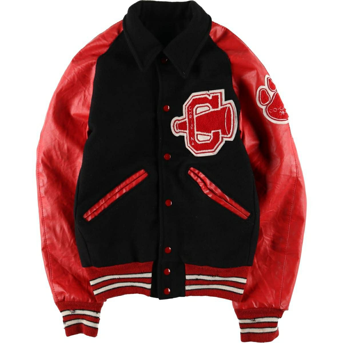 古着 80～90年代 TROPHY JACKETS 中綿入り 袖革ウールボタンスタジャン