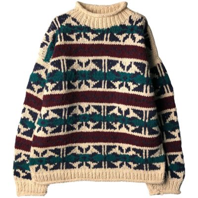 古着 REY WEAR 総柄 ロールネック エクアドルニットセーター メンズXL