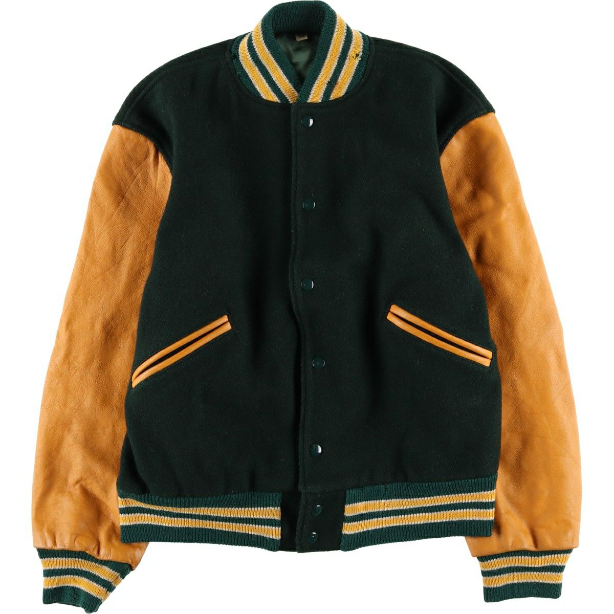 古着 80～90年代 TROPHY JACKET 袖革ウールボタンスタジャン バー