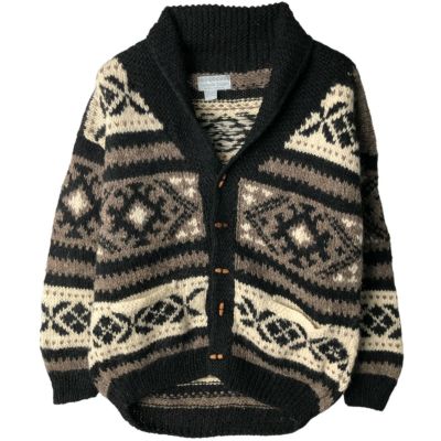USA製【NY編み】ヴィンテージ 90s カウチン カーディガン 袖ブラック 古着 80～90年代 Nomadic Traders 総柄 HAND MADE ハンドメイド