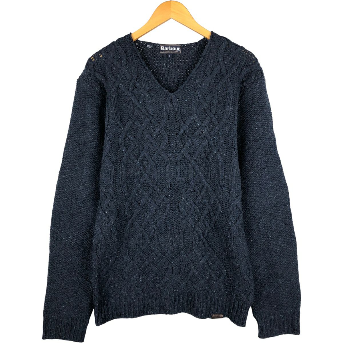 Barbour バブアー ウール　100% ニット ネイビー Vネック 1399 古着 バブアー Barbour Vネック フィッシャーマン アランニット