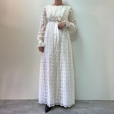 古着 70年代 UNKNOWN 総レース ハイネック 長袖 シースルー