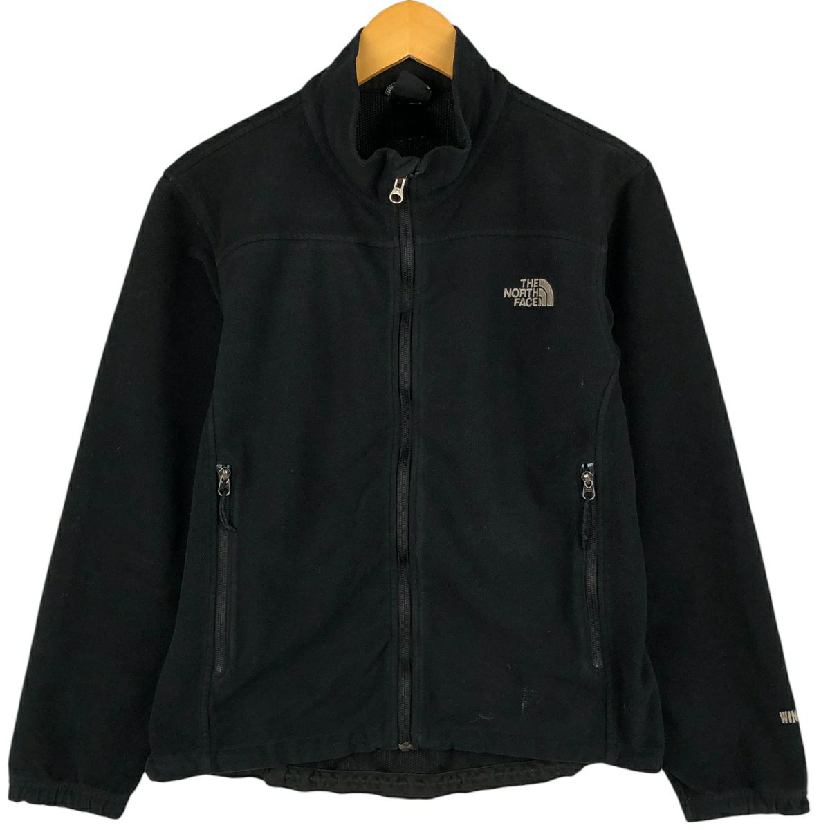 ○美品ノースフェイス ジップアップ ベスト WINDWALL 裏フリース 黒XL THE NORTH FACE (ザ ノースフェイス) ロゴ フード フルジップ
