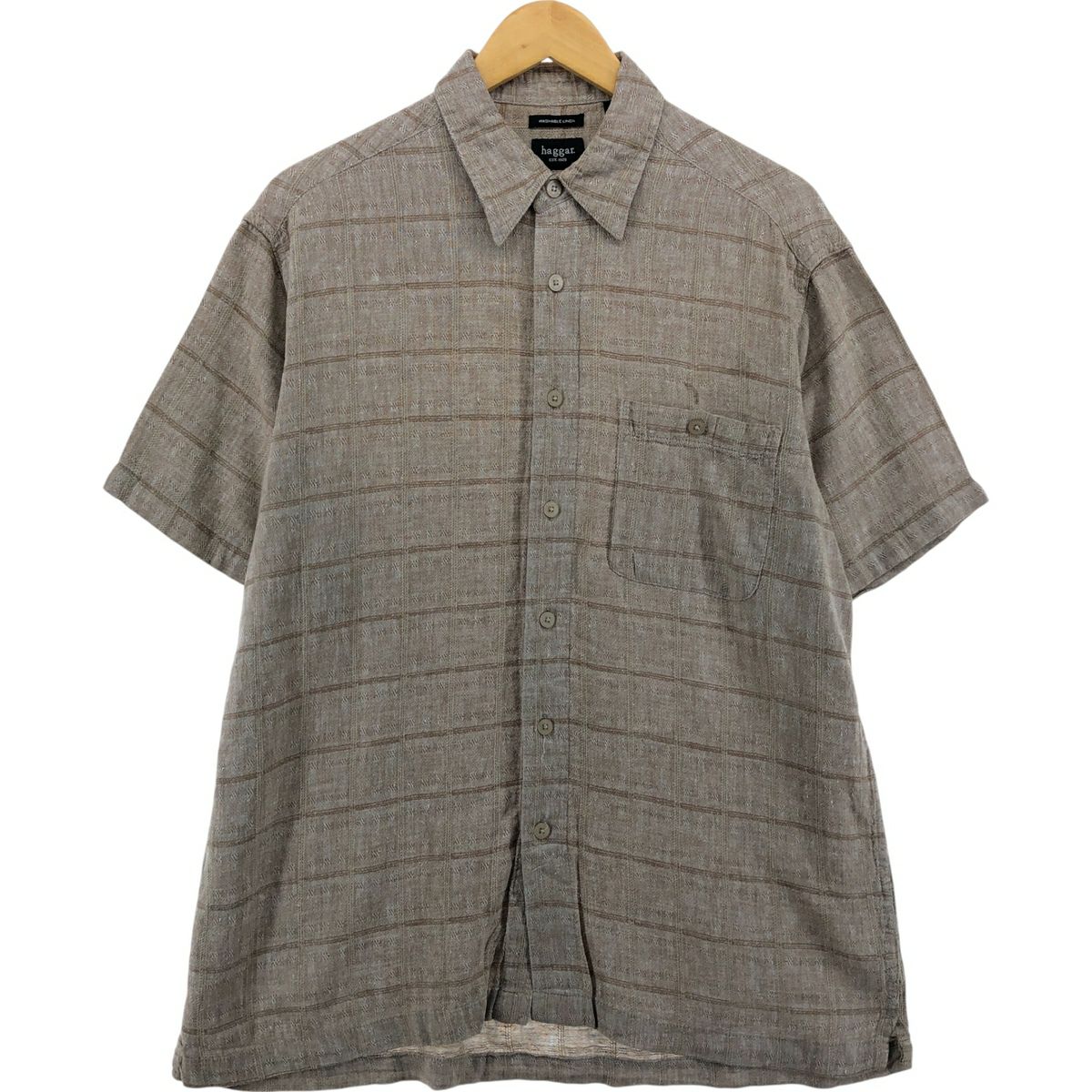 haggar オープンカラー オンブレ チェック シャツ 半袖 リネン レーヨン haggar
