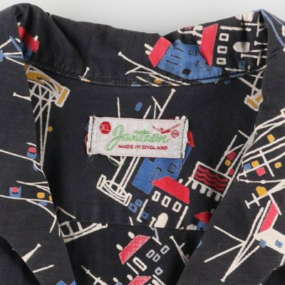 スペシャル 60s Jantzen 白黒 コットンシャツ 半袖 XL 古着 50～60年代 ジャンセン Jantzen 総柄 シャークカラー 半袖