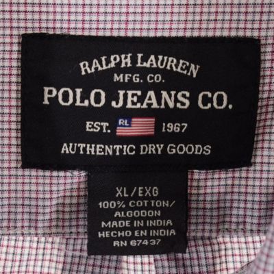 90s ラルフローレン 長袖コットンシャツ メンズXL チェック 刺繍ロゴ 白桃