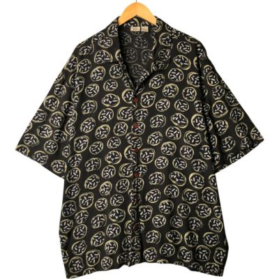 レトロ 古着 ブラック ジャガード フラワーパターン レーヨンシャツ 半袖メンズ 古着 ハガー HAGGAR ツートン 半袖 オープンカラー レーヨン