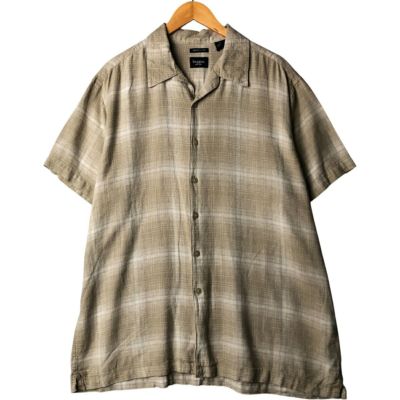 haggar オープンカラー オンブレ チェック シャツ 半袖 リネン レーヨン haggar
