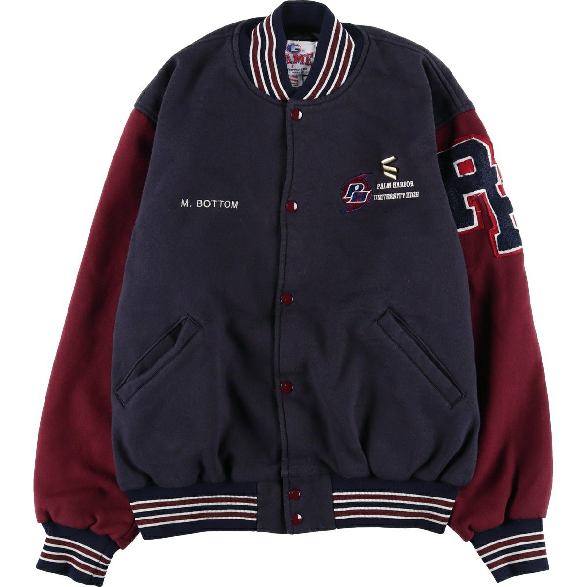 古着 MV SPORT バック刺繍 デニムスタジャン バーシティジャケット