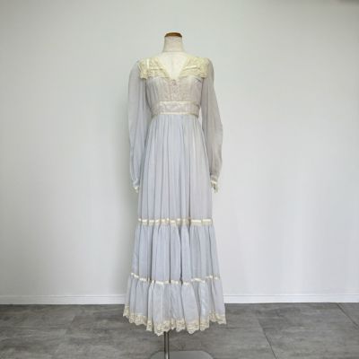古着 70年代 ガンネサックス GUNNE SAX Jessica フリルレース シースルー袖 襟付き マキシ丈 フレアワンピ―ス レディースS相当 ヴィンテージ /evb009604 【中古】 【250213】 【V2502】