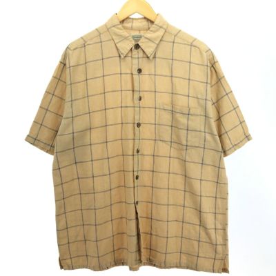 古着 JOSEPH ABBOUD チェック柄 ワイドカラー 半袖 リネンシャツ