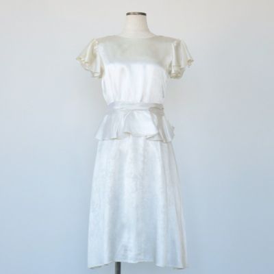 古着 80年代 ガンネサックス GUNNE SAX By JASSICA McCLINTOCK 総柄 ボタニカル柄 ラッフルスリーブ 織柄 半袖 フレア ハーフ丈ワンピース USA製 レディースM相当 ヴィンテージ /evb008007 【中古】 【250809】 【V2508】