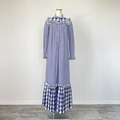 古着 70年代 Trisha ギンガムチェック 長袖 ロングワンピース