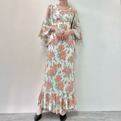 古着 70年代 花柄 フレアスリーブ マキシ丈 長袖 タイト